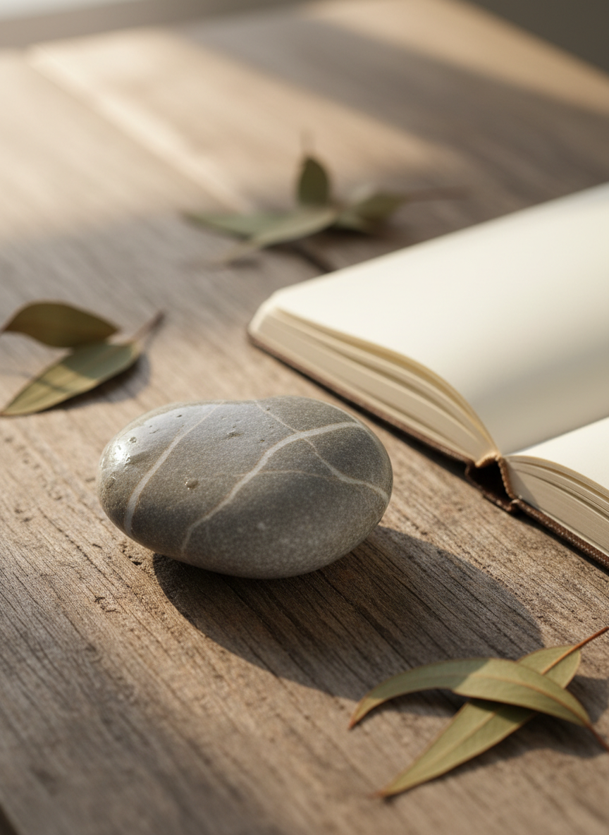 A smooth river stone shaped like a heart rests on a weathered wooden table, its surface slightly wet and glistening, with subtle veins of white running through muted gray. Around it lie a few dried eucalyptus leaves and an open, blank linen-bound notebook, suggesting space for reflection. Soft morning light enters from the left, creating gentle highlights on the stone and faint, calming shadows. Photographic realism with a clean, sophisticated aesthetic, shot at eye level with a shallow depth of field so the heart-shaped stone is in sharp focus while the background melts into a creamy bokeh. The mood feels serene, hopeful, and quietly courageous, ideal for a homepage hero image about emotional wellbeing.