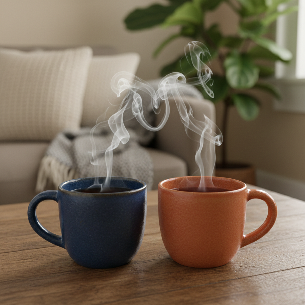 A close-up of two sturdy ceramic mugs, one deep navy and the other warm terracotta, resting side by side on a simple oak table. Wisps of steam rise and intertwine from the dark tea inside, forming a subtle heart-like shape as they meet. In the softly blurred background, a cozy living space hints at cushions, a woven throw, and a large leafy plant, all in sophisticated, muted tones. Diffused afternoon light from an unseen window creates soft highlights on the mug rims and gentle reflections on the table. Photographic realism with a shallow depth of field and intimate framing, evoking authentic connection, shared experience, and the courage to open up emotionally, while remaining calm and uncluttered.