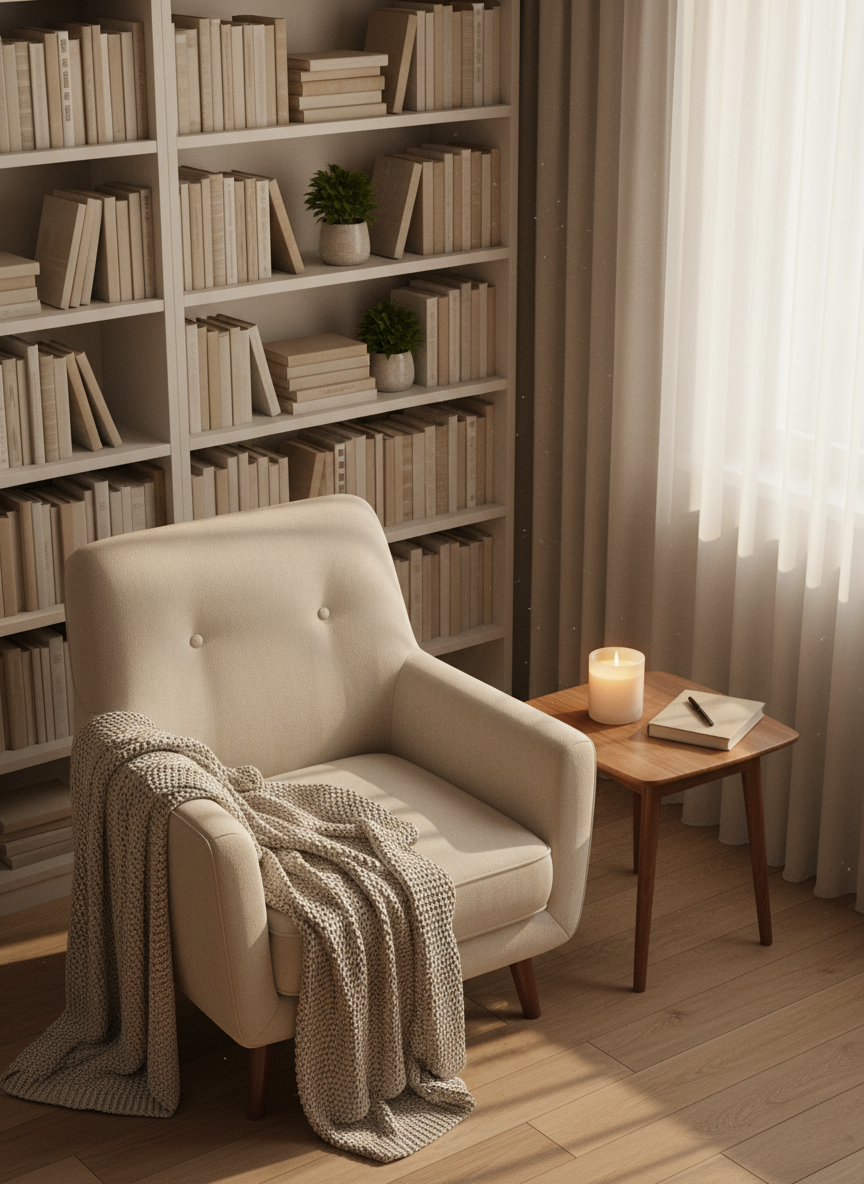 A meticulously arranged reading nook featuring an empty, plush armchair draped with a finely knit, cream-colored blanket, positioned beside a small walnut side table holding a single lit candle in frosted glass and a closed, cloth-covered journal with a pen. Behind, a tall bookshelf displays rows of neutral-toned spines with no legible text, interspersed with small potted plants. Soft golden hour light pours through sheer curtains, casting delicate, elongated shadows and a warm, intimate glow. Photographic realism with a slightly elevated angle, using the rule of thirds to place the armchair as the emotional center. The atmosphere suggests safety, emotional strength, and the quiet presence of community support without showing any people.